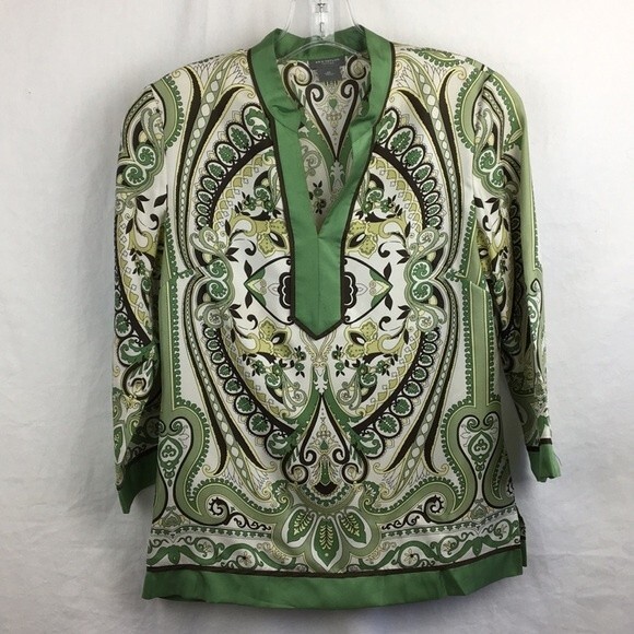 Ann Taylor 100% Silk Green & White Boho Peasant Top O OP - Picture 1 of 6